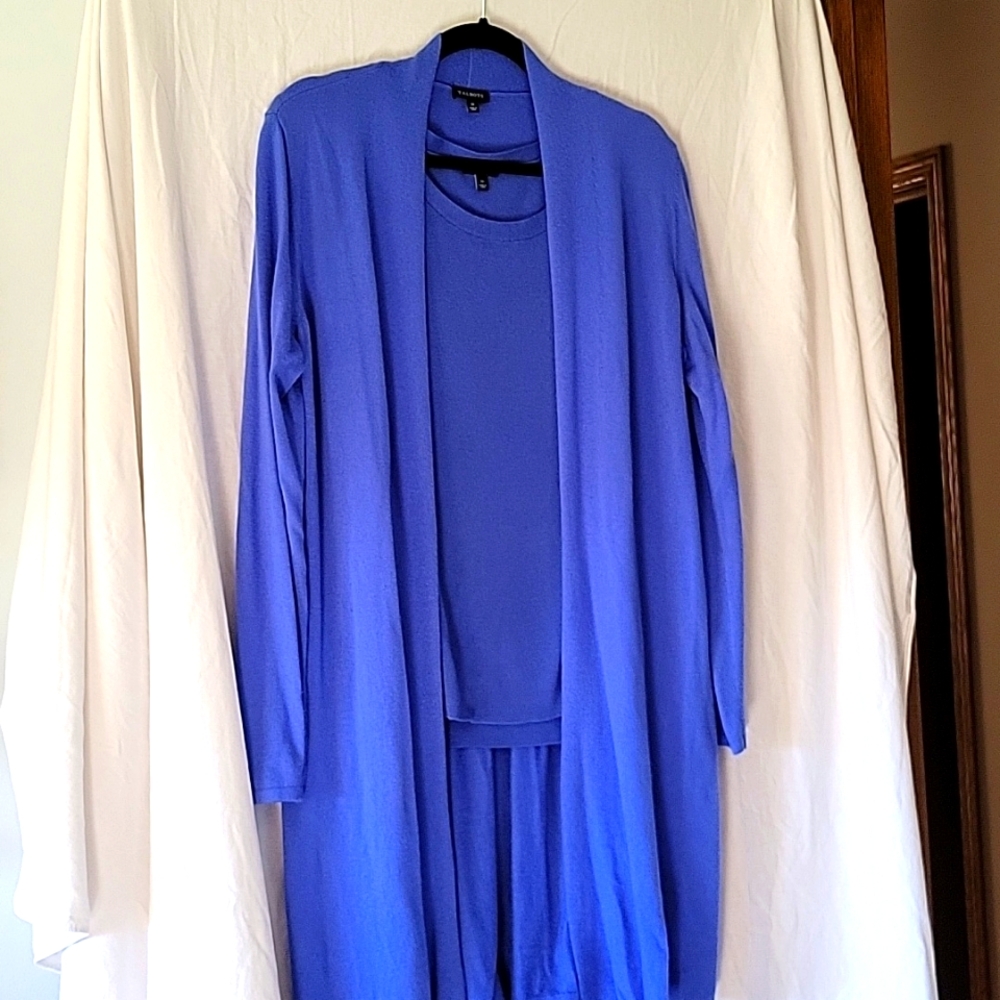 Talbots size Medium Bright Blue round neck shell and cardigan knit sweater set